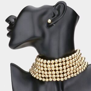 Gold Metal Ball Multi Layered Choker Statement Necklace